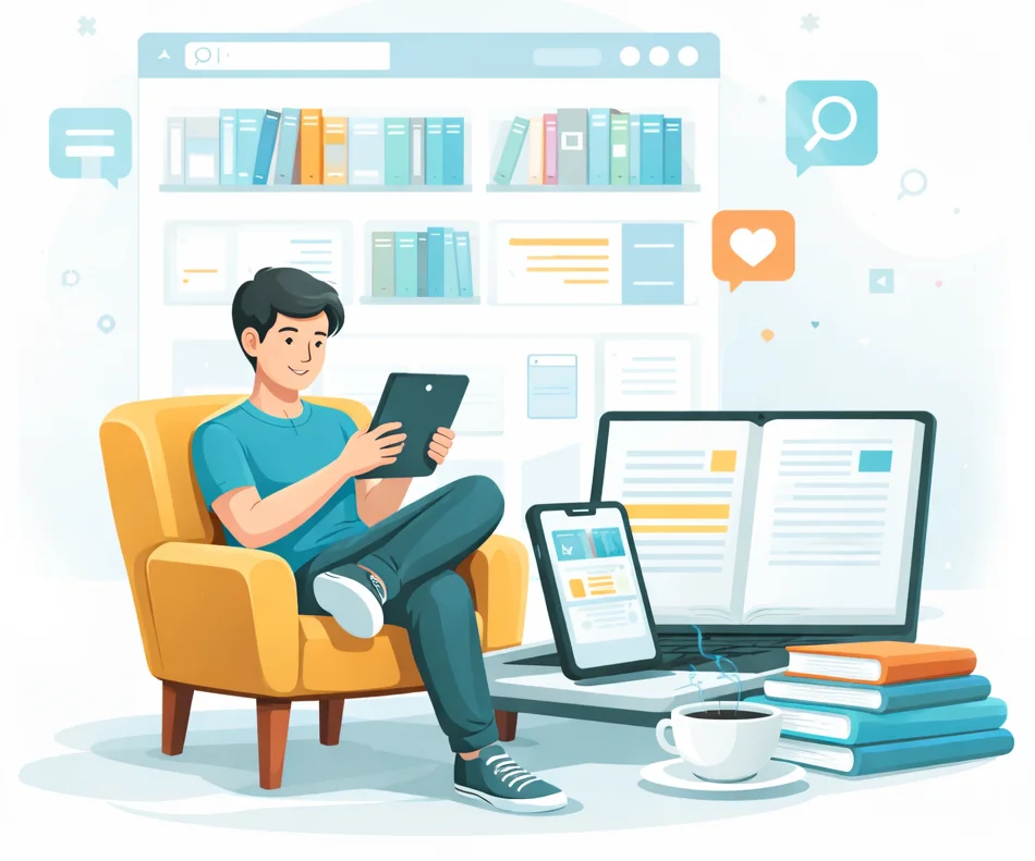 Reader using multiple devices with access to a large digital library